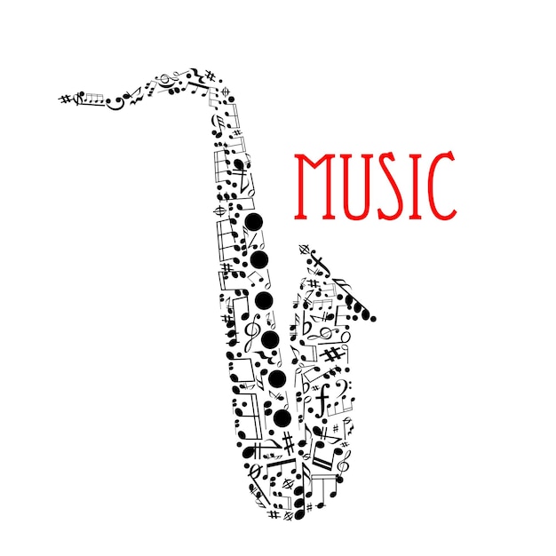 Saxofone com notas musicais para design de música