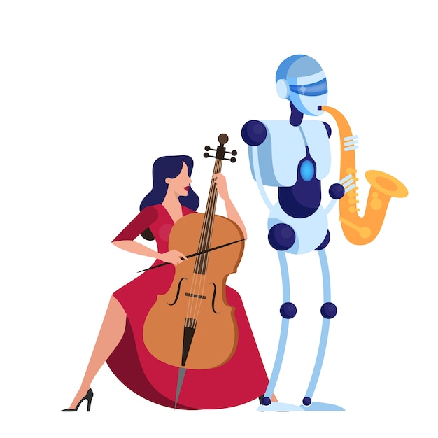 Saxofonista robô toca música com mulher. conceito de tecnologia futurista, robô e humanos atuam juntos.