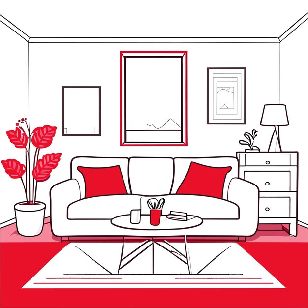 Vetor scene interior decorada sala de estar com sofá vermelho com almofadas poltrona e mesa de café em carpa