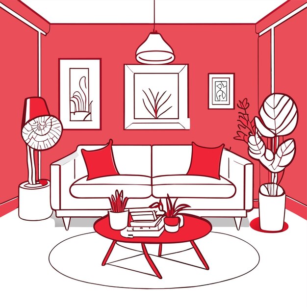 Vetor scene interior decorada sala de estar com sofá vermelho com almofadas poltrona e mesa de café em carpa