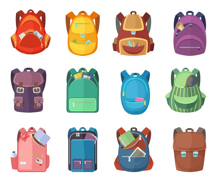 Vetor schoolbags diferentes no isolado do estilo dos desenhos animados no fundo branco. ilustrações de educação de vetor