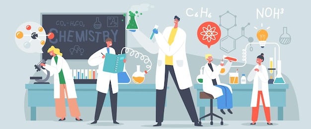 Schoolkids Conduzir Experimento em Aula de Química. Pequenos personagens de pesquisadores em aula em sala de aula com o professor realizando experimentos químicos com equipamentos. Ilustração em vetor desenho animado