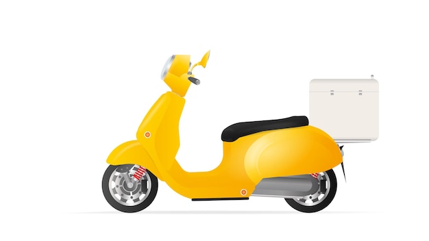 Scooter amarela com geladeira na parte de trás. Uma motocicleta para entrega e entrega de comida. Isolado. Vetor.
