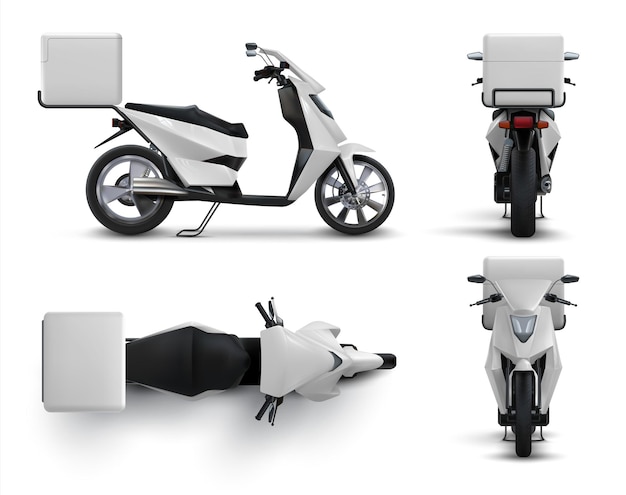 Scooter de entrega. moto realista com saco em branco para alimentos e bebidas, bicicleta de correio de restaurante e café com caixa branca. conjunto de ilustração vetorial de moto em diferentes posições