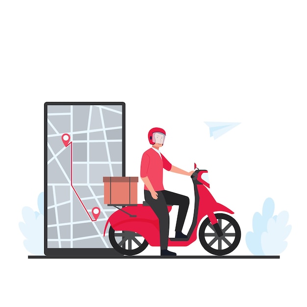 Scooter de passeio de homem com caixas entrega pacote ao destino na metáfora do telefone de entrega de rastreamento online.