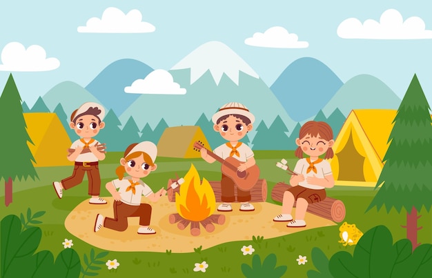 Scout kids by bonfire Cartoon meninos e meninas no acampamento de verão com ação de tenda e aventura na natureza ilustração vetorial