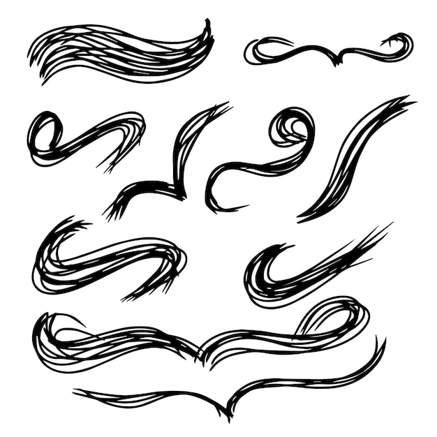 Vetor scribble pincel traço carvão curly linha conjunto ilustração para o design de fundo