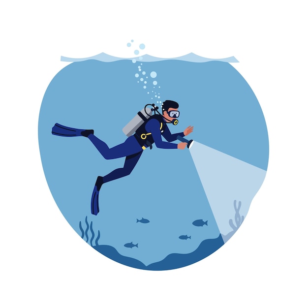 Scuba diver exploring underwater world with flashlight in flat vector art