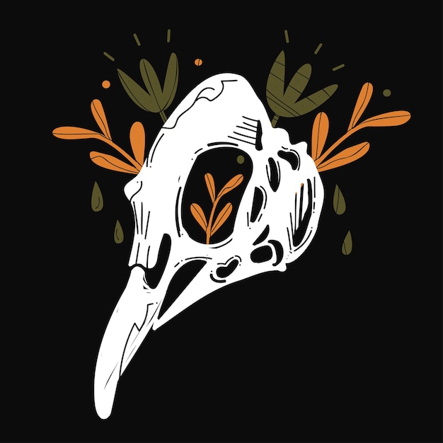 Scull de pássaro de halloween com flores, folhas, ilustração vetorial isolada, fundo preto. arte dos ossos