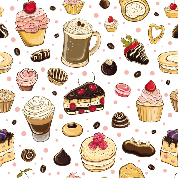 Vetor seamless pattern - time for sweet. de fundo vector colorido e delicioso com bolos, doces, cupcakes e donuts em fundo branco.