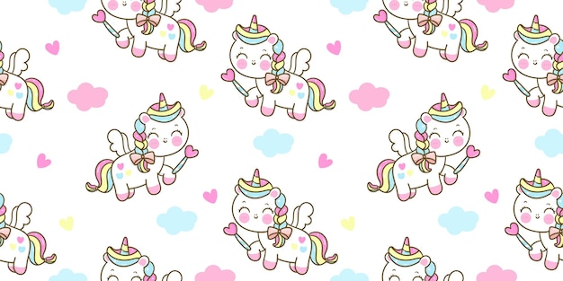 Seamless pattern Unicórnio fofo pégaso segurando varinha mágica animal kawaii