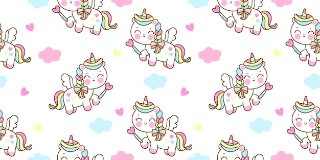 Seamless pattern unicórnio fofo pégaso segurando varinha mágica animal kawaii