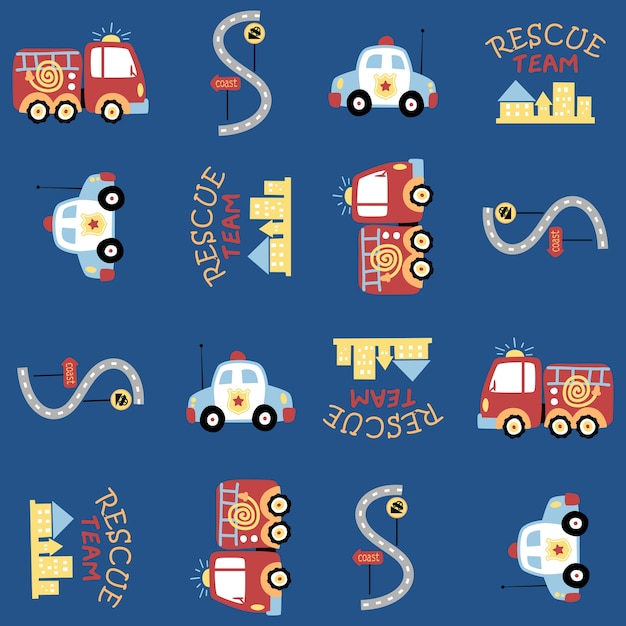 Seamless pattern vector com equipe de resgate cartoon, motor de bombeiros, carro de polícia