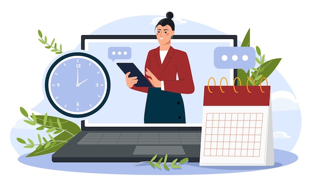Secretária on-line conceito mulher na tela do laptop ao lado do calendário e do relógio de gerenciamento de tempo e