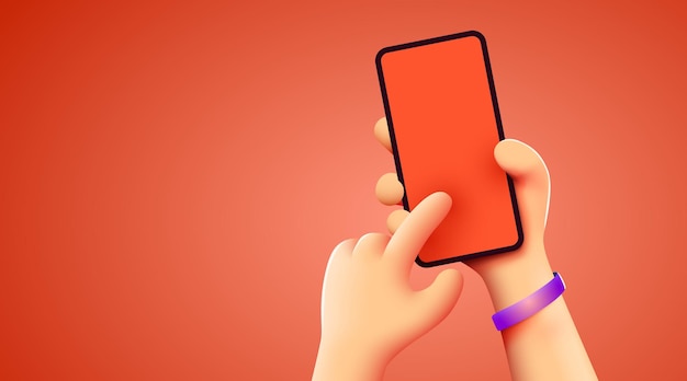 Segurando o telefone com as duas mãos modelo de smartphone editável de maquete de telefone tocando a tela com o dedo