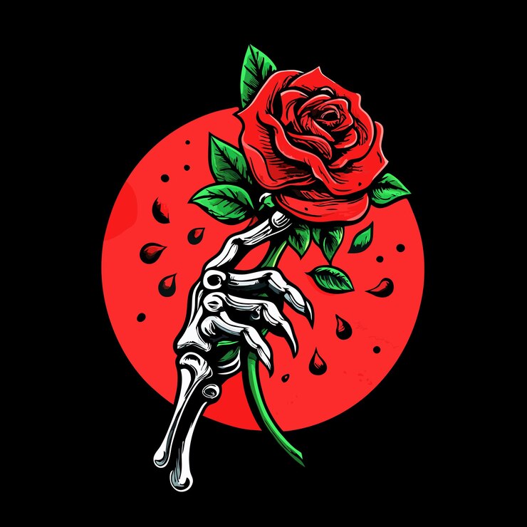 Vetor segurando um esqueleto de rosa vermelho de mão vetor logotipo de ilustração de camiseta