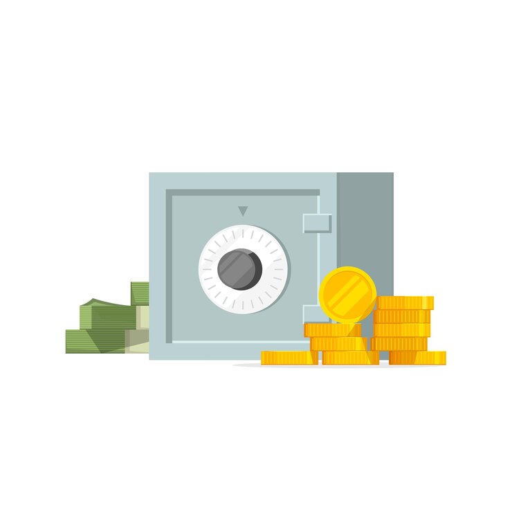 Vetor seguro com ilustração vetorial de dinheiro isolada em desenho plano branco fechado cofre perto de moedas e conceito de dinheiro de segurança financeira bancária