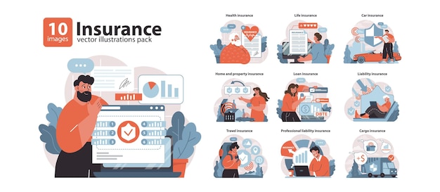 Vetor seguro conjunto de opções de cobertura abrangente para seguros de vida, saúde, habitação e viagens