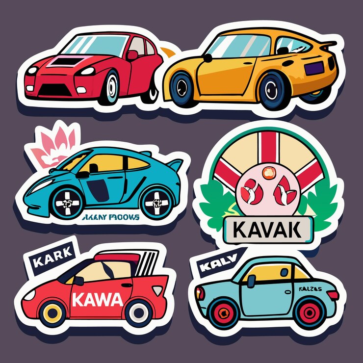 Vetor seis adesivos de carros de desenho animado com cores e desenhos diferentes, alguns com logos únicos