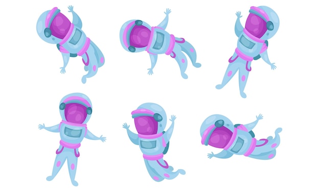 Seis astronautas flutuando em ausência de peso em trajes espaciais em diferentes poses Personagem de desenho animado isolado em fundo branco