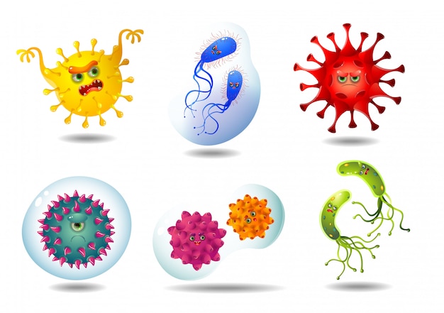 Seis bactérias e vírus abstratos dos desenhos animados