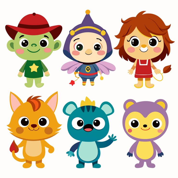 Vetor seis bonitos personagens de desenho animado com características de animais em pé sobre um fundo branco