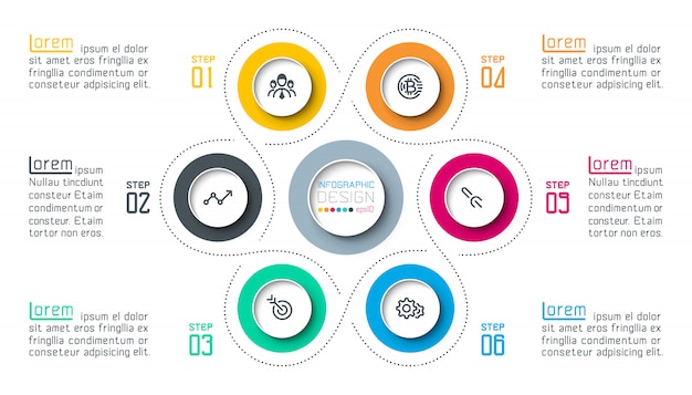 Seis círculos com infográficos de ícone de negócios.