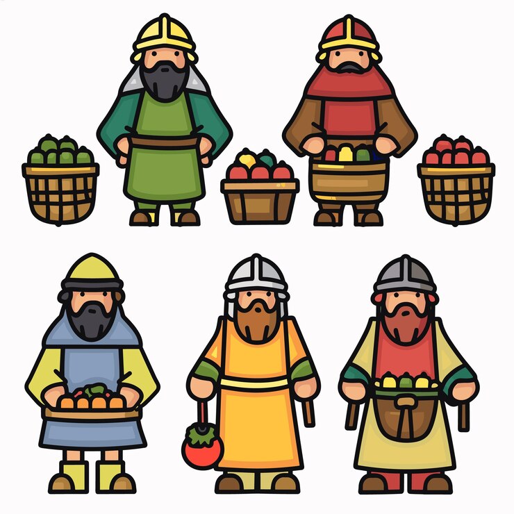 Seis comerciantes medievais exibidos segurando cestas de frutas Personagens usam chapéus de trajes históricos