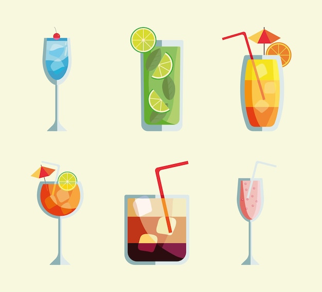 Seis coquetéis tropicais xícaras de bebidas