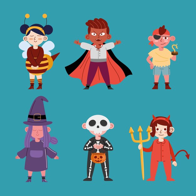 Seis crianças com fantasias de halloween
