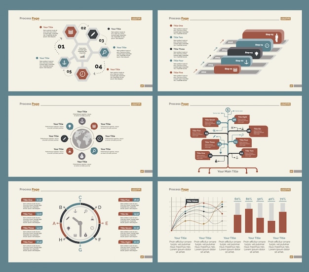 Vetor seis diagramas de fluxo de trabalho conjunto de modelos de slides