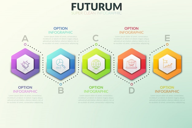 Seis elementos hexagonais separados colocados em linhas horizontais e caixas de texto próximas a eles. etapas sucessivas do conceito de desenvolvimento do projeto.