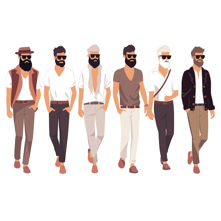 Vetor seis homens elegantes caminhando casualmente moda masculina moderna trajes diferentes parece homens de moda