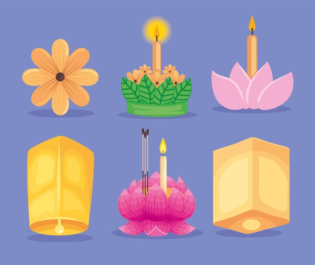 Seis ícones loy krathong