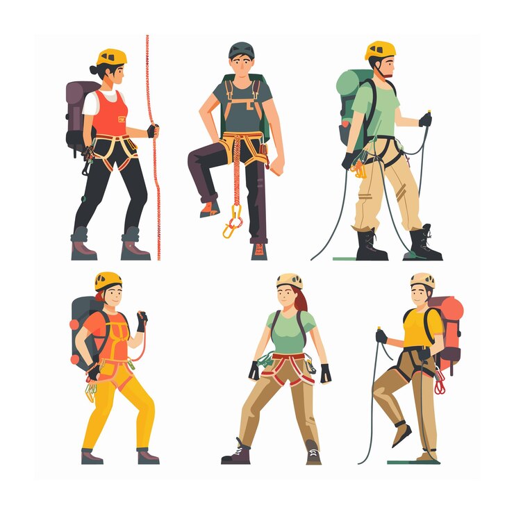Seis ilustrações individuais alpinistas várias poses equipamento equipado escalada trekking homens mulheres
