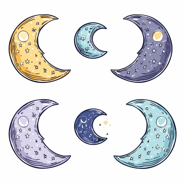 Seis luas crescente decoradas padrões de estrelas texturas ilustração corpos celestes lua crescente