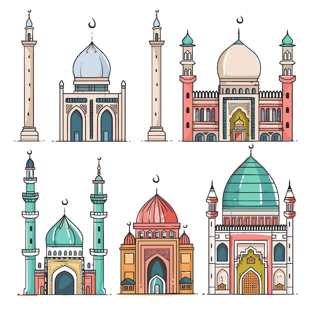 Vetor seis mesquitas ilustrações arquitetura islâmica colorida cúpulas minaretes design plano religioso