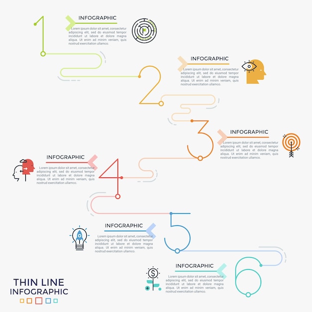 Seis números coloridos ou figuras conectadas em gráfico linear com ícones de linha fina e lugar para texto. conceito de 6 etapas de desenvolvimento progressivo. modelo de design do infográfico. ilustração vetorial