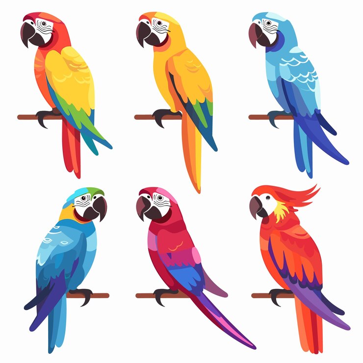 Seis papagaios coloridos empoleirados em diferentes poses exibindo penas vibrantes vermelhos azuis amarelos