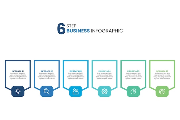 Seis quadros retangulares numerados colocados na linha horizontal Conceito de 6 estágios de estratégia de marketing