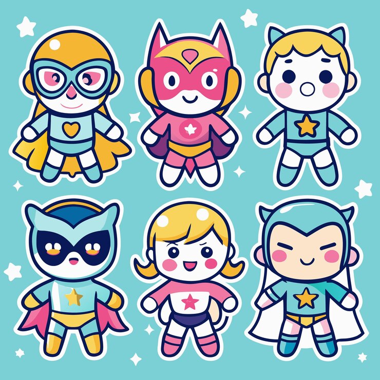 Vetor seis super-heróis de desenhos animados adoráveis com trajes e expressões diferentes