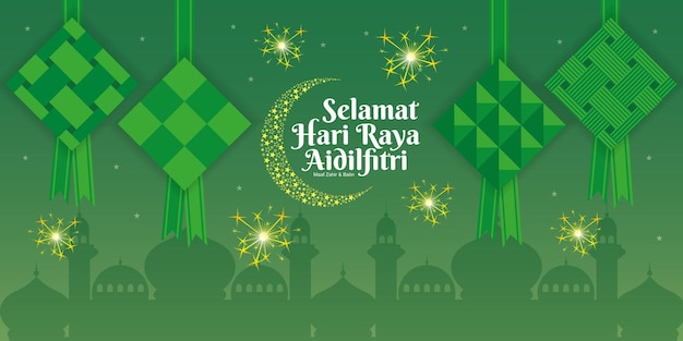 Selamat Hari Raya Aidilfitri ilustração vetorial com ketupat com padrão islâmico e mesquita malaia
