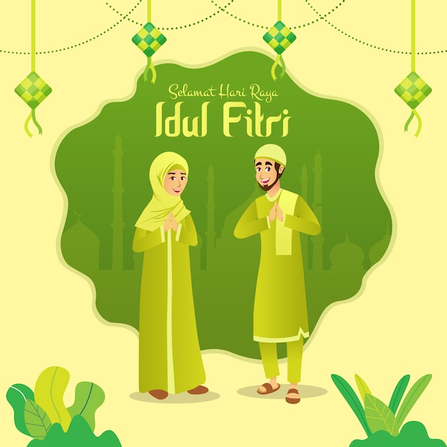 Selamat hari raya idul fitri é outra língua do feliz eid mubarak em indonésio. desenhos animados casal muçulmano comemorando eid al fitr