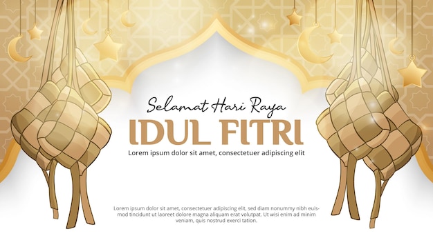 Selamat hari raya idul fitri ou fundo feliz eid alfitr com ketupat e ornamentos