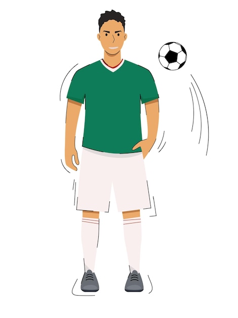 Seleção de futebol do México. Um homem com um sorriso em um uniforme de futebol com uma bola. Vetor isolado