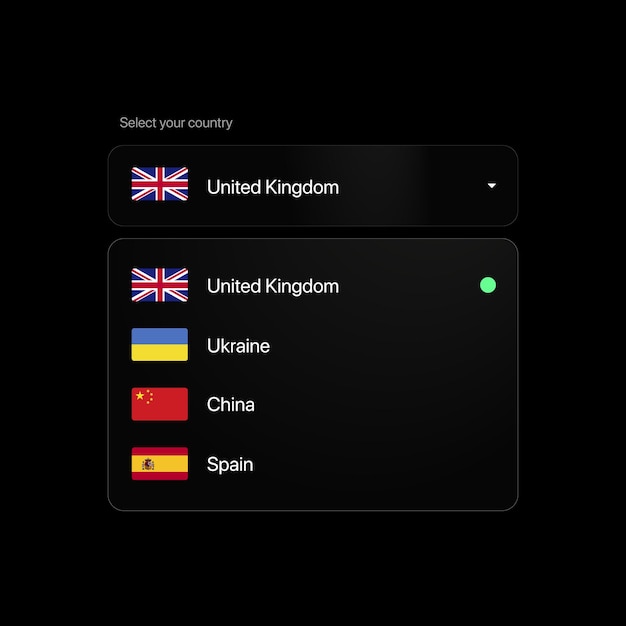 Selecione o painel de configurações do seu país. de onde você é. design transparente de interface de usuário plana. reino unido, ucrânia, china, espanha. ilustração vetorial