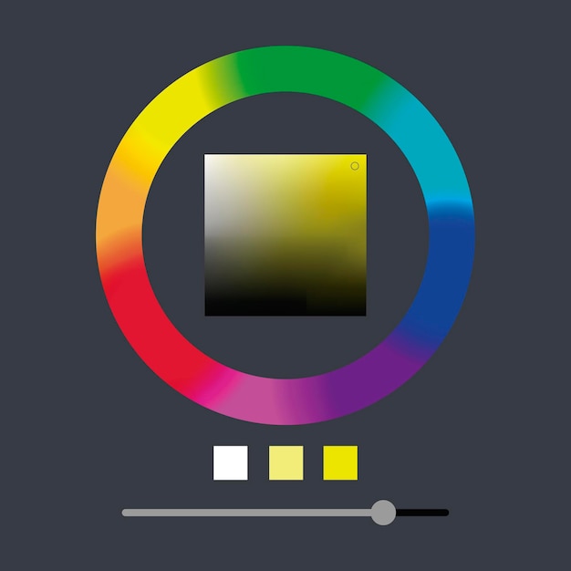 Vetor seletor de cores redondo, com caixa amarela dentro, gama de cores de interface de design