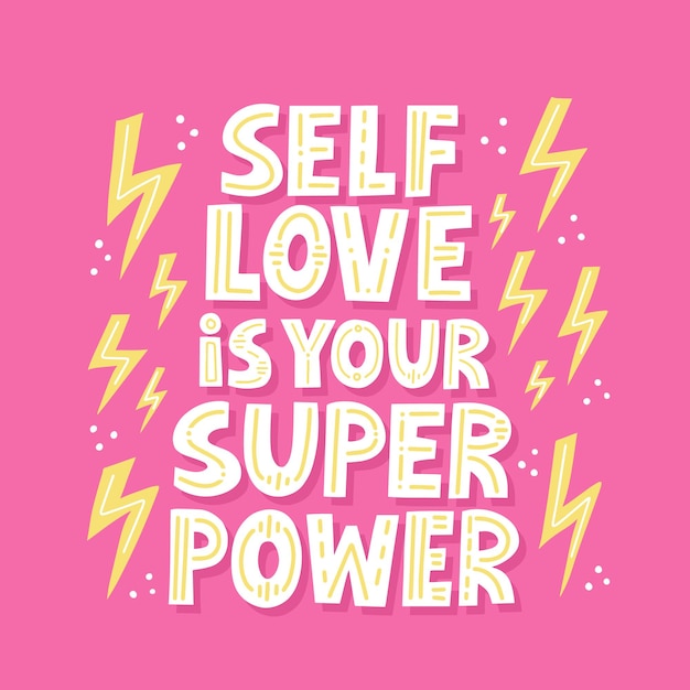 Selflove é a sua citação superpotência. hand desenhada letras de vetor para t-shirt, cartão, poser, mídia social. conceito de poder feminino.