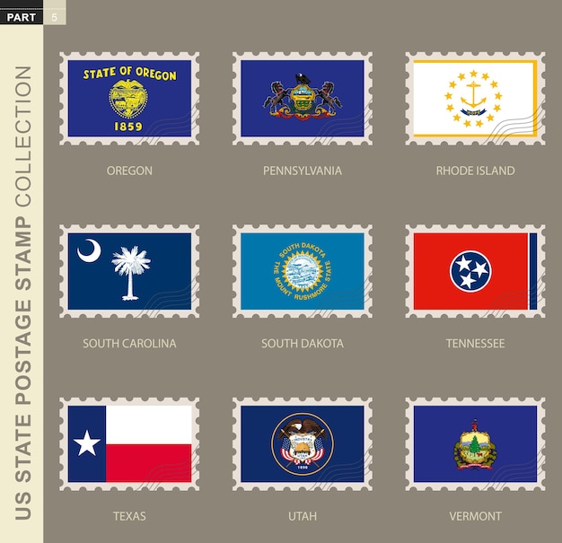 Selo com a bandeira dos estados dos eua, coleção de bandeiras dos 9 estados dos eua: oregon, pensilvânia, rhode island, carolina do sul, dakota do sul, tennessee, texas, utah, vermont