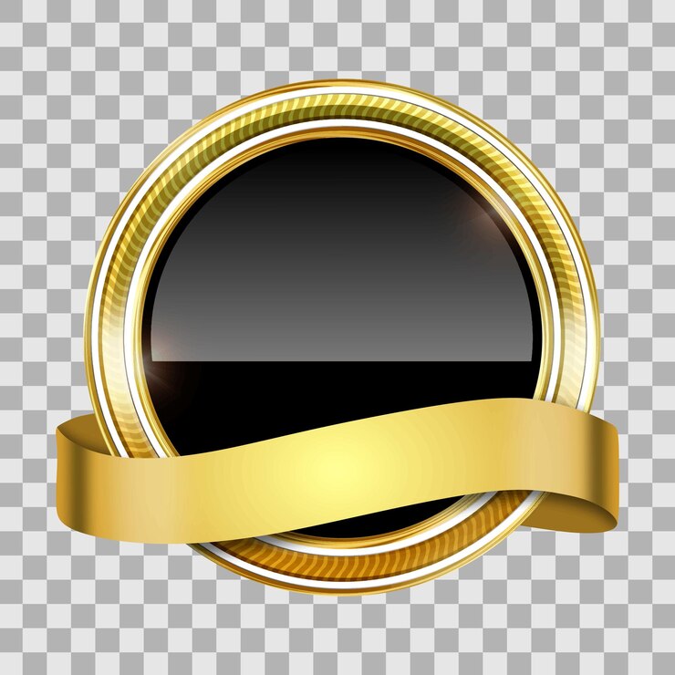 Selo de círculo dourado com fita dourada em ilustração vetorial de fundo transparente
